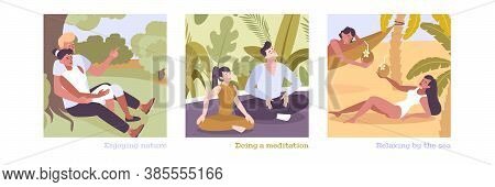 Relax Flat Illustrations With People Enjoying Nature Doing Meditation Relaxing By Sea Vector Illustr