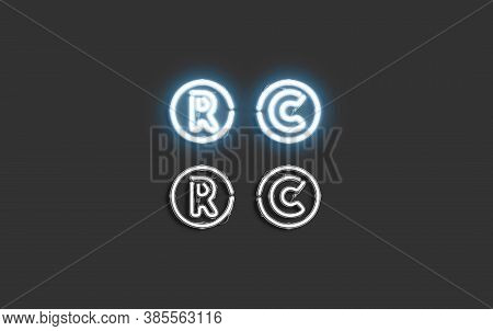 Neon Copyright And Registrated Symbol, Creative Font Mock Up, 3d Rendering. Lighting Fount With Regi