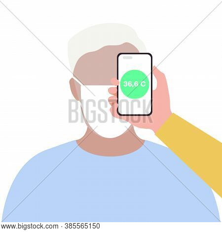 Vector Illustration Phone Placed On Forehead Of Person Remotely Measures Temperature. New Technology