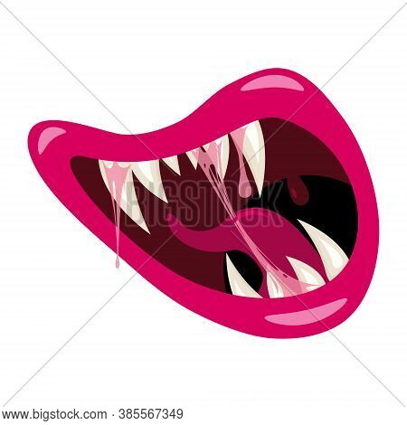 Monster Mouth Creepy And Scary. Funny Jaws Teeths Tongue Creatures Expression Monster Horror. Vector