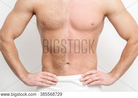 Young Caucasian Man With Bare Chested Before And After Waxing His Hair Stands On White Background