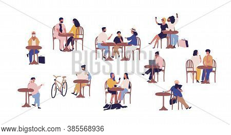 Set Of People Sitting At Table In Street Cafe Vector Flat Illustration. Collection Of Cartoon Couple