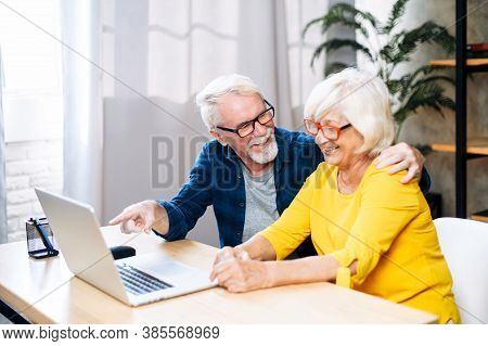 A Cheerful Elderly Couple Is Web Surfing The Laptop Indoors, A Grey Haired Man Points On The Screen,