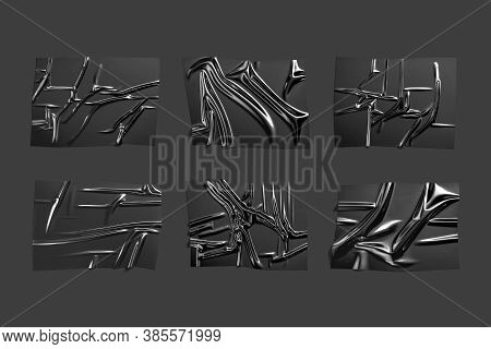 Blank Black Plastic Foil Wrap Overlay Mockup Set, Dark Background, 3d Rendering. Empty Polyethylene 