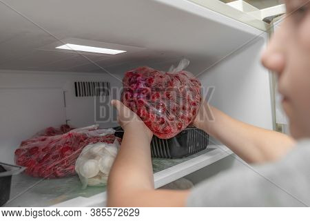 A Woman Puts Frozen Fruit Products In The Freezer, For Long-term Preservation.