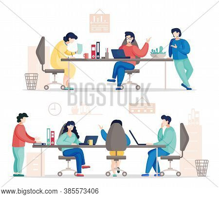 Flat Vector Of Busy Business People Working In Office. Colleagues Communicating During Work. Busines