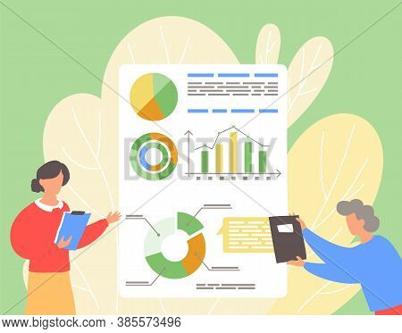 Woman And Man Teachers Near Information Poster With Digital Indicators And Charts. Business Lecture 