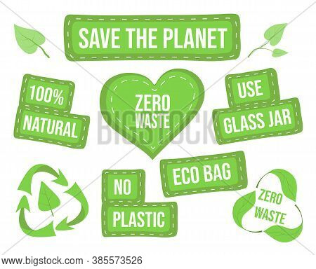 Zero Waste Elements And Lettering. Eco Concept Use Safe Packaging. Set Of Inscriptions About Durable