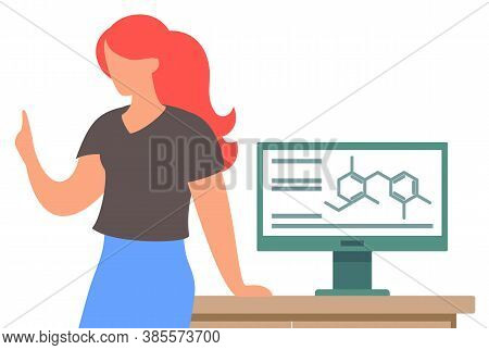 Woman With Raised Up Finger Standing Near Table With Computer And Speaking About Science. Teacher Te