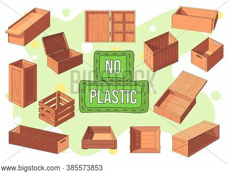 Wooden Box Isometric Set For No Plastic Lifestyle. Pallets Fruits And Vegetables Containers, Drawers