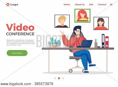 Website Concept, Video Conference. Office Worker Sitting At Table Has Video Conference With Colleagu