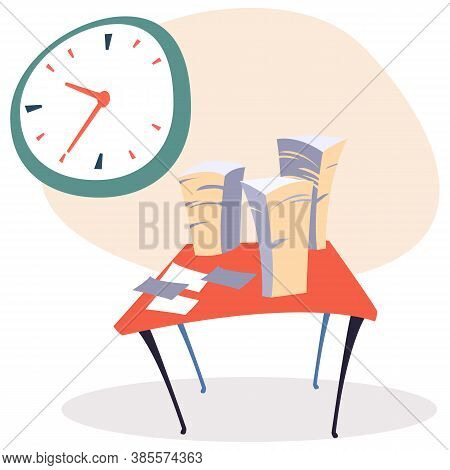 Big Pile Of Paper Documents On Orange Office Desk. Green Clock Hanging On Wall. Time Management, Suc