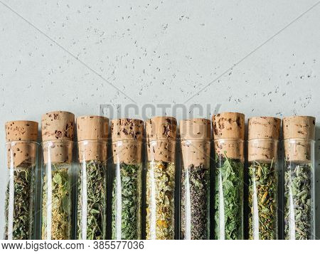 Various Dry Healthy Herbs, Plant Flowers For Brewing Herbal Tea In Glass Test Tubes. Top View. Copy 