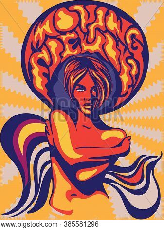Bright Colorful Retro Style Orange Woman Poster Or Banner Design With A Topless Sexy Lady In Vintage
