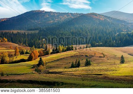 Mountainous Rural Landscape In Autumn Season. Trees And Fields On Rolling Hills. Beautiful Countrysi