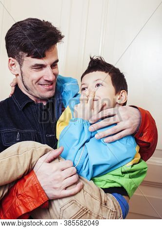 Faher And Son Together Having Fun At Home, Lifestyle Happy Family, People At Home