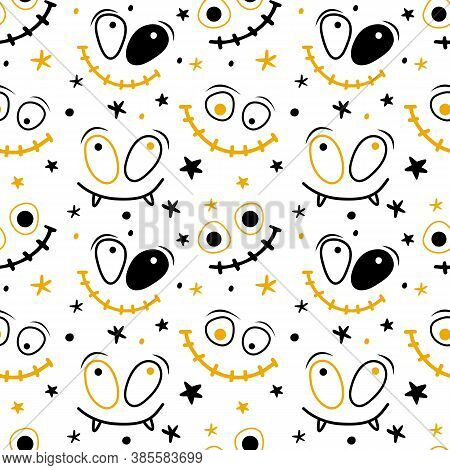 Seamless Pattern Of Scary Monster With Horrible Jaws And Teeth. Background With Funny Faces Of Hallo