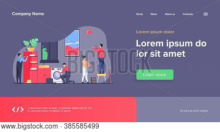 Handyman Working At Customer Home. Repair Man Fixing Washing Machine, Hammering Nails. Vector Illust