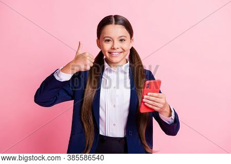 Portrait Of Her She Nice Attractive Cheerful Cheery Confident Small Little Girl Using Device App Sho