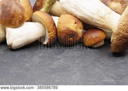 Boletus Mushrooms Prepared For Cooking. Boletus On A Black Background. Boletus Edulis. Closeup