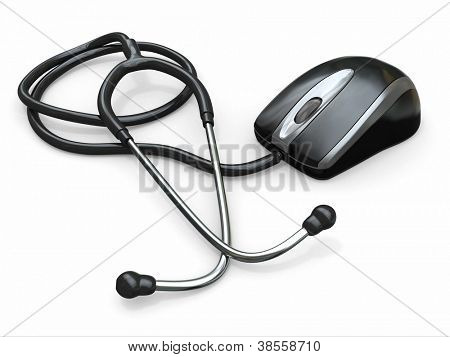 Stethscope ve bilgisayar fare. Tıp risalesi. 3D