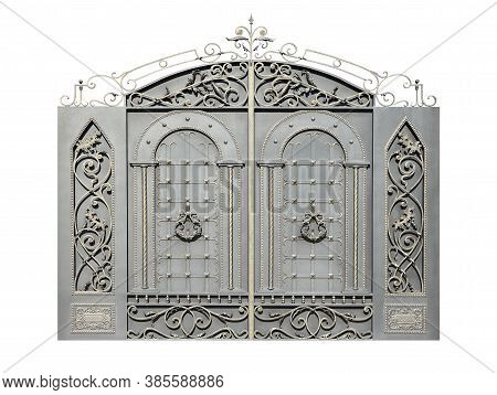 Gate With Wrought Iron Decor. Isolated On White Background.