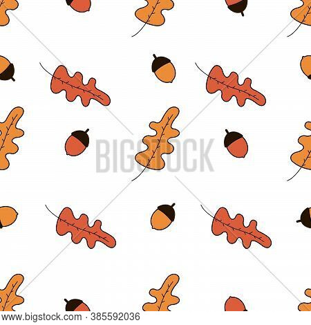 A Seamless Pattern With Leaves And Acorns On The White Background.  Fall Season. Wrapping Paper Desi