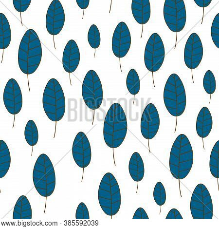 A Seamless Pattern With Blue Leaves On White Background. Fall Season.