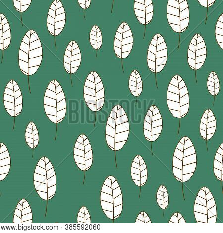 A Seamless Pattern Of White Leaves On Green Background. Textile Template.