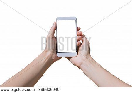 Isolate Mockup Smartphone, Closeup In Female Hands. White Background