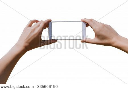 Isolate Mockup Smartphone, Closeup In Female Hands. White Background.