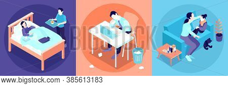 Isometric Cold Flu Virus Design Concept Set With Sick Person Lying In Bed Sickness In The Workplace 