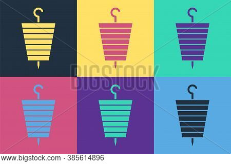 Pop Art Grilled Shish Kebab On Skewer Stick Icon Isolated On Color Background. Meat Kebab On Skewer 