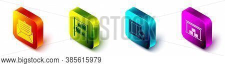 Set Isometric Envelope, Warehouse, Wooden Box With Check Mark And Warehouse Icon. Vector