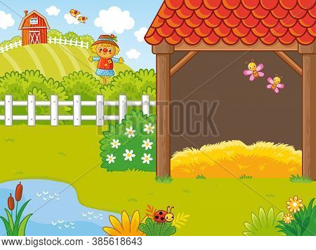 Farm In A Cartoon Style With A Hayloft And Pugolom Which Is Behind The Fence.