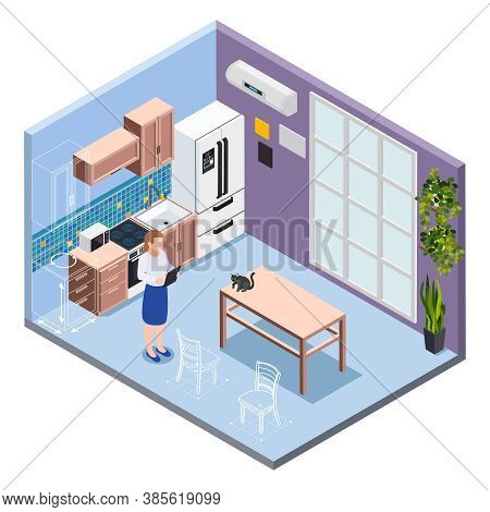 Professional Designer Working In Modern Kitchen Interior With Furniture And Household Isometric Vect