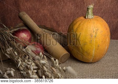 Still-life Painting With Pumpkins, Apples And Herb