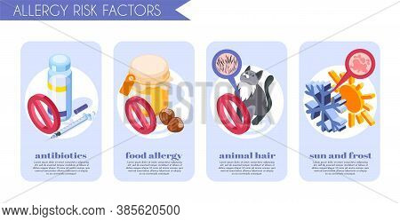 Allergy Symptoms Banners Set With Food Allergy Symbols Isometric Isolated Vector Illustration