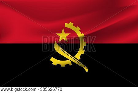 Flag Of Angola. Realistic Waving Flag Of Republic Of Angola. Fabric Textured Flowing Flag Of Angola.
