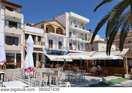Sitia, August 12: Shops And Restaurants At The Harbor On August 12, 2020 At Sitia, Greece. Sitia Is 
