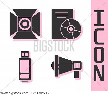 Set Megaphone, Movie Spotlight, Usb Flash Drive And Cd Or Dvd Disk Icon. Vector
