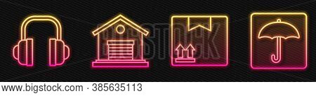 Set Line Cardboard Box With Traffic Symbol, Headphones, Warehouse And Umbrella. Glowing Neon Icon. V