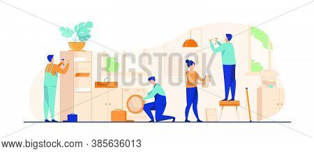 Handyman Working At Customer Home. Repair Man Fixing Washing Machine, Hammering Nails. Vector Illust