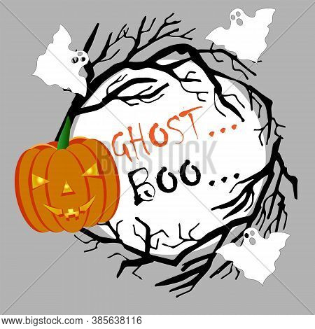 Halloween Frame With Scary Tree, Pumpkin, Ghost