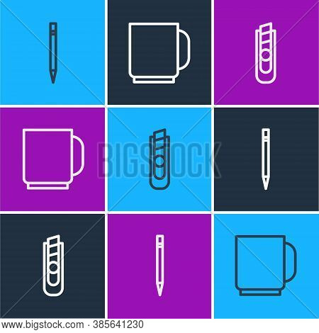 Set Line Pencil With Eraser, Stationery Knife And Coffee Cup Icon. Vector