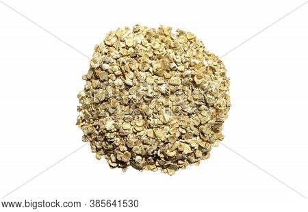 Pile Of Fresh Wholegrain Oats Isolated On White Background. Raw Oatflakes Backdrop. Top View