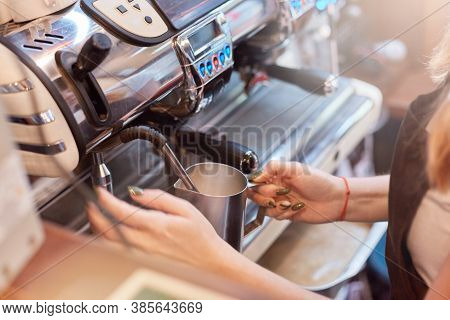 Faceless Woman Holding Turk, Barista Making Coffee, Unknown Waitress Working In Coffee Shop, Device 