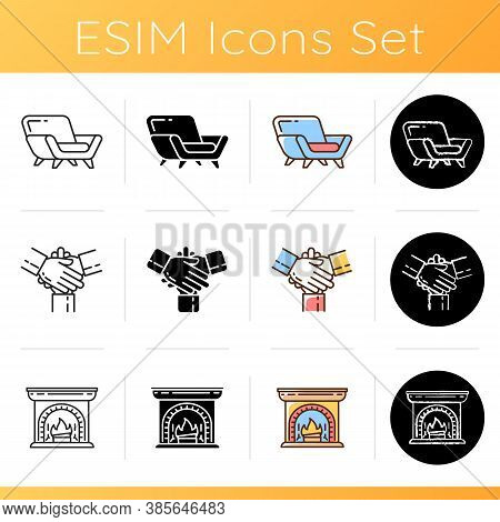 Cozyness Mood Icons Set. Danish Hygge Style. Relaxing At Home. Unity, Teamwork, Partnership. Wood Bu