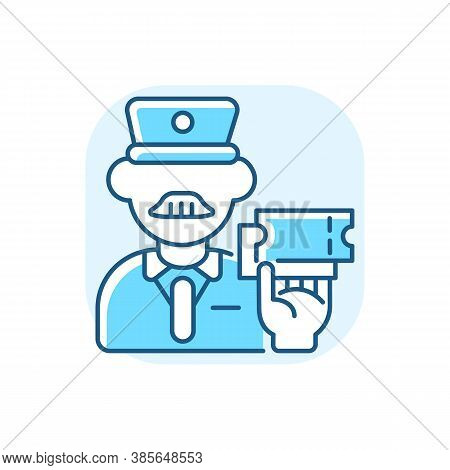 Ticket Inspector Blue Rgb Color Icon. Train Travel, Railroad Transportation Service. Railway Company