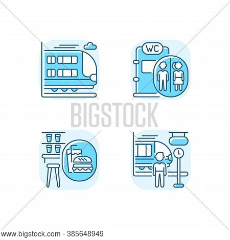 Railway Services Blue Rgb Color Icons Set. Bilevel Rail Car, Snack Bar, Onboard Toilet And Commuter 